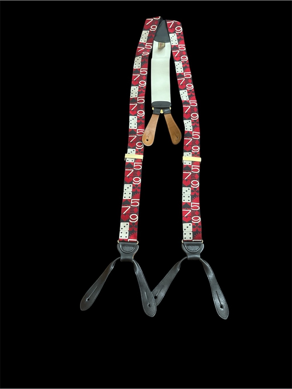 Trafalgar Red Patterned Suspenders with Black Leather Trim